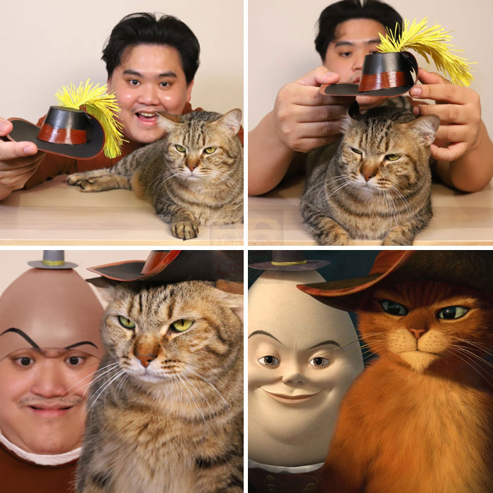 Man cosplay Puss in boots and egg scene