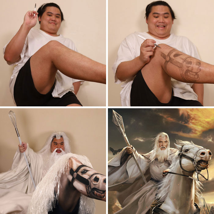 Man Coslplay Gandalf and horse from Lord of the Rings
