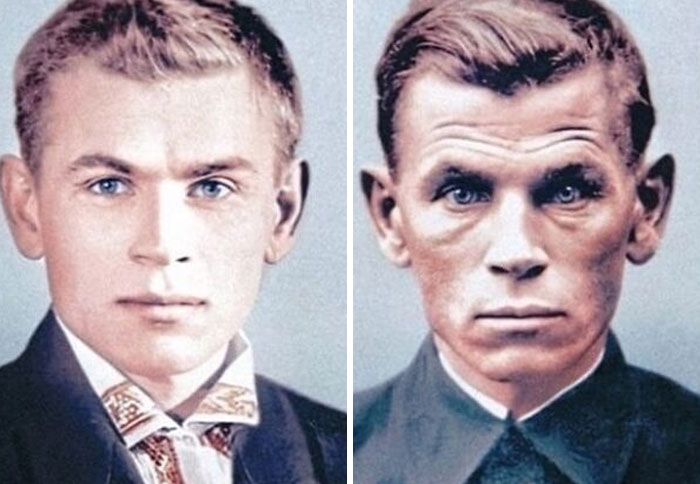 Two Photographs Of Evgeny Stepanovich Kobytev, A Soviet Soldier, Taken 4 Years Apart. The First Image, On The Left, Was Taken The Day He Went To Fight In The War, Age 30 In June 1941, And The Photograph On The Right Was Taken When He Returned From The War In 1945