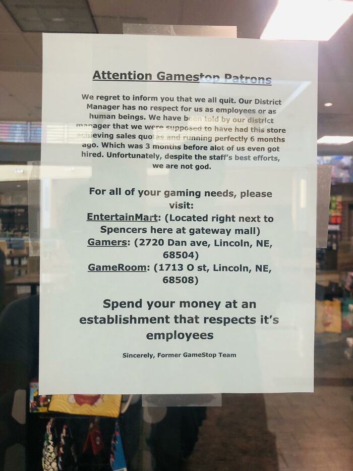 A sign put up by GameStop employees saying they are all quitting because of their toxic manager goes viral