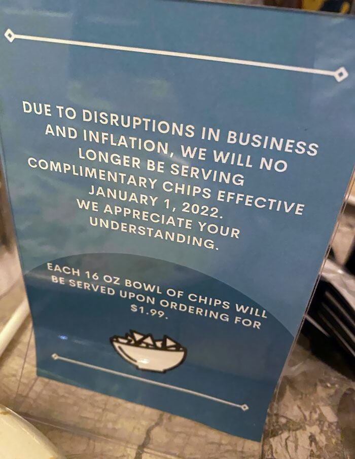 No Chips Because Inflation. Sign At My Local Restaurant