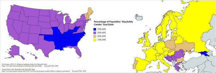 Percentage Of Population “Absolutely Certain” God Exists In Europe vs. Us