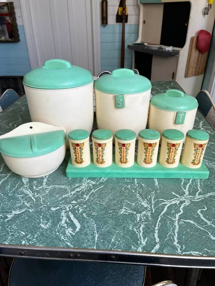 What A Find Today …early 50’s Bakelite Canister Salt Box And Spice Rack