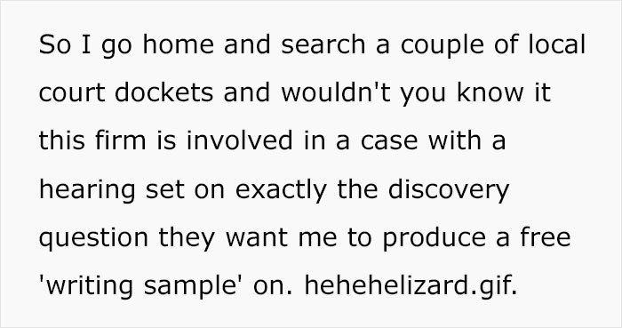 Lawyer Is Asked To Hand In ‘A Free Writing Sample’ As Part Of His Job Interview, Makes The Firm Regret It Later Lawyer Is Asked To Hand In ‘A Free Writing Sample’ As Part Of His Job Interview, Makes The Firm Regret It Later