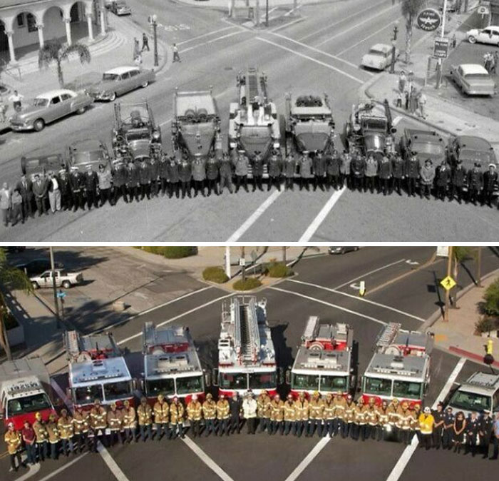 Redlands Fire Department Group Photo 1958 And 2012 @ Intersection Of 35 Cajon St, Redlands, Ca