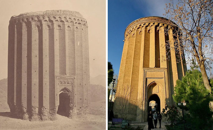 Torre Toghrol de 1000 años en la ciudad de Rey, Irán. Primera foto tomada en 1840