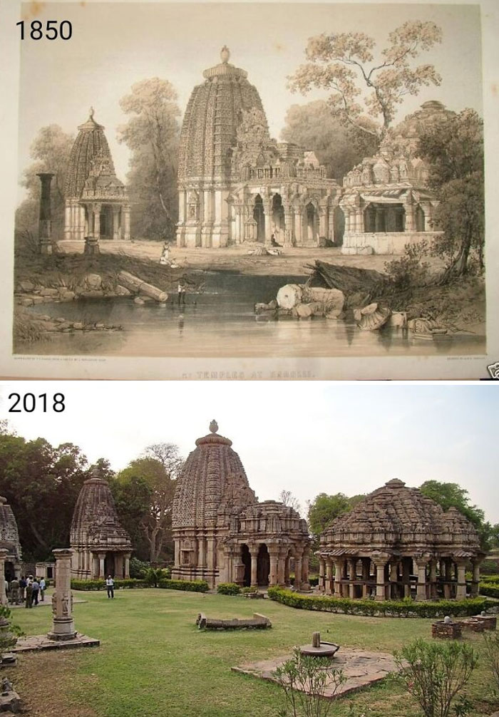 Templos de Baroli, Baroli, Rajastán, India. Construido en el siglo X de la era actual. Boceto de 1850 e imagen de 2018