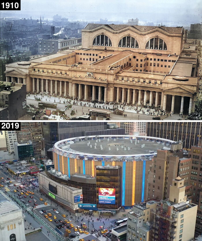 NYC: 8th Ave/32nd St (Penn Station & Msg), 1910 (Colorized) vs. 2019