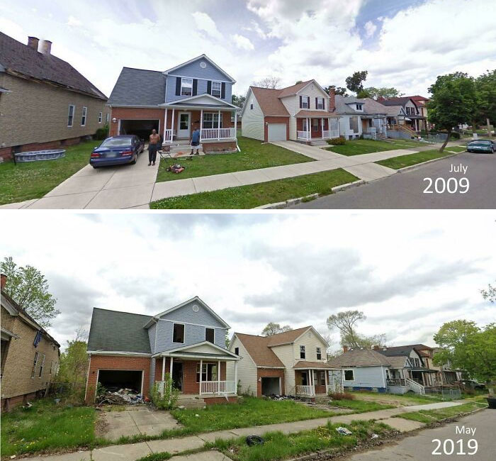 10 Years In Detroit. 2009 And 2019. House Proud Lawn Mowing To Abandoned Debris