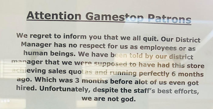 A Sign Put Up By GameStop Employees Informing They’re All Quitting Because Of Their Toxic Manager Goes Viral