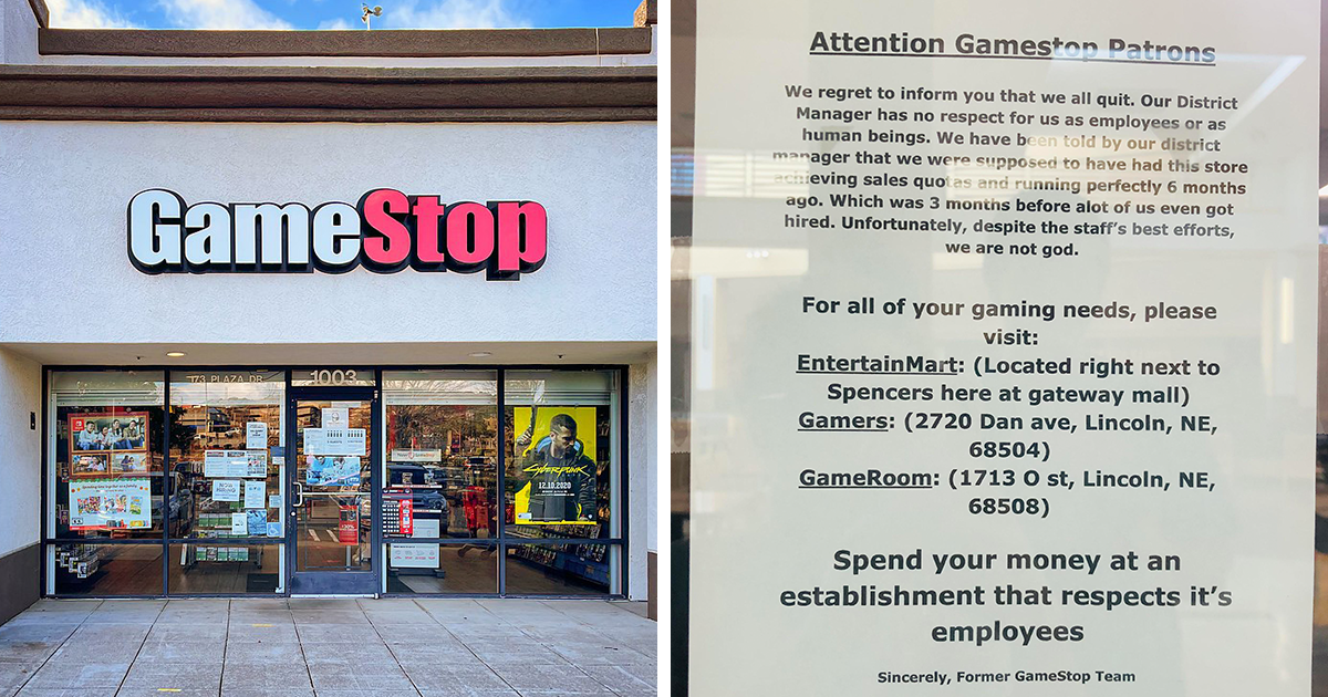 A Sign Put Up By GameStop Employees Informing They’re All Quitting