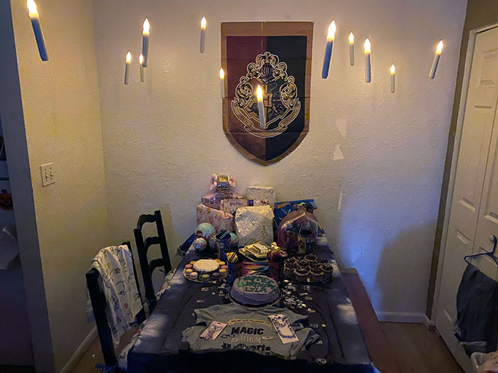 My Daughter Asked For A Harry Potter Party This Year. We Couldn’t Have Guests, But I Stayed Up Until 3 Am Making Floating Candles For Her To Have A Memorable Birthday