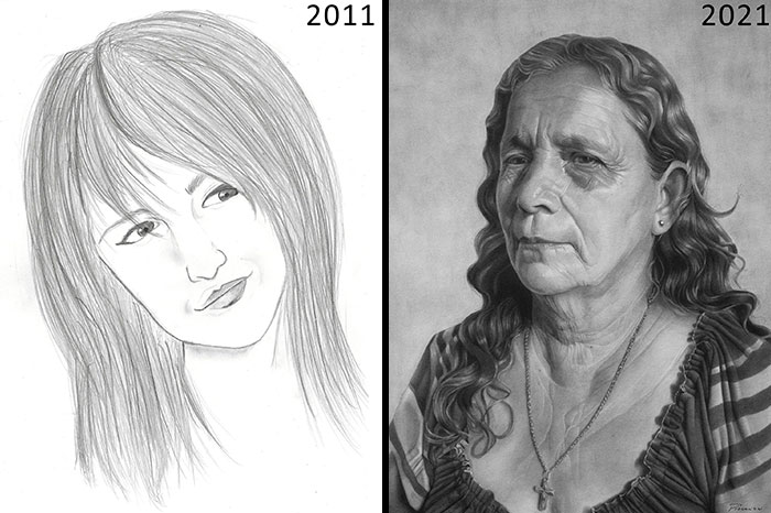 The First Portrait I Ever Did Back In 2011 vs. The Most Recent Portrait From 2021, It's Been A Long Journey