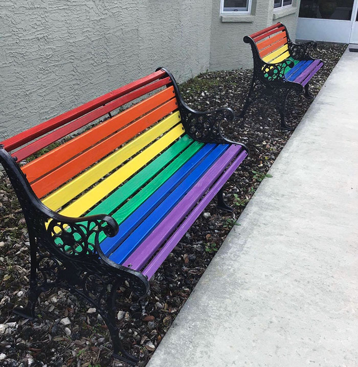 My Grandma Is 83 And Lives In Rural Florida, Where She Is Surrounded By Anti-Gay People. She Just Had Her Two Front Benches Repainted In Support Of Her 3 LGBTQ Grandkids