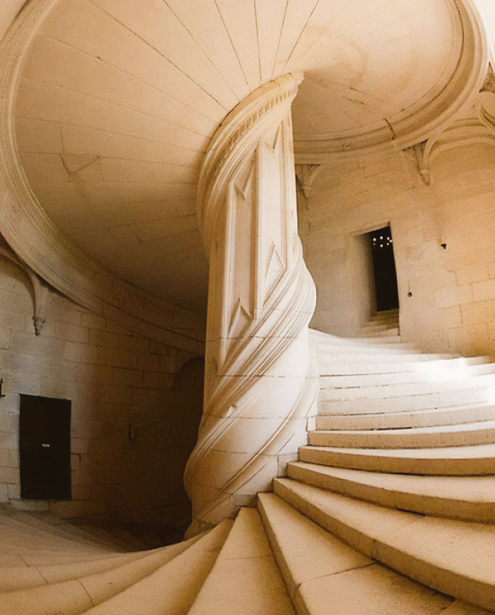 Staircase In The Chambord Castle In France. Designed By The Great Legend Of High Renaissance Leonardo Da Vinci In 1516