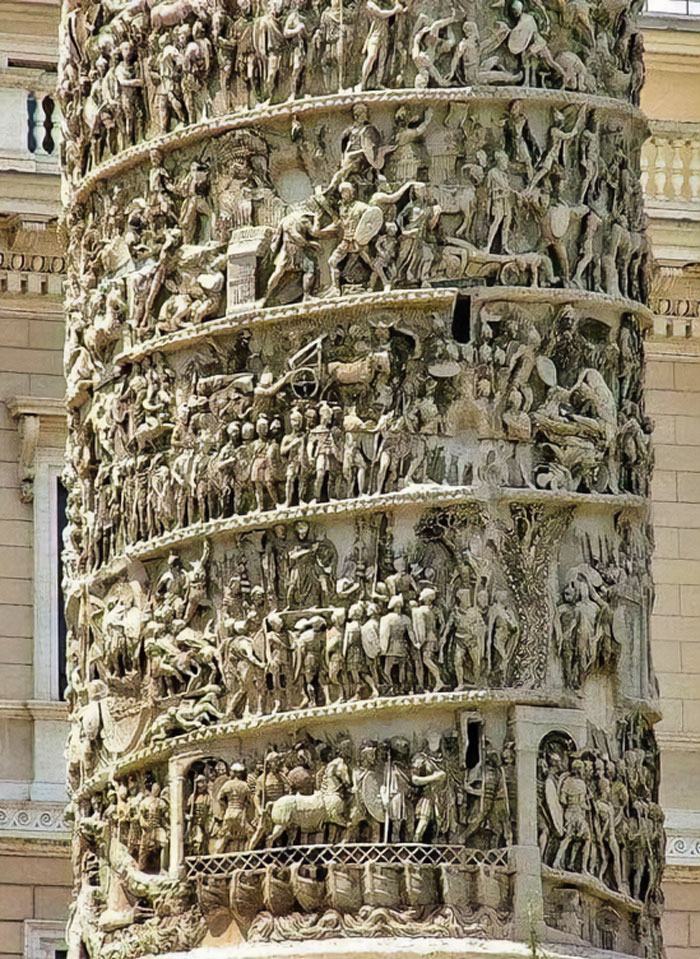 Architectural Details Of The Column Of Marcus Aurelius.carved Military Scenes Line This 2nd Century Column In Rome, Italy