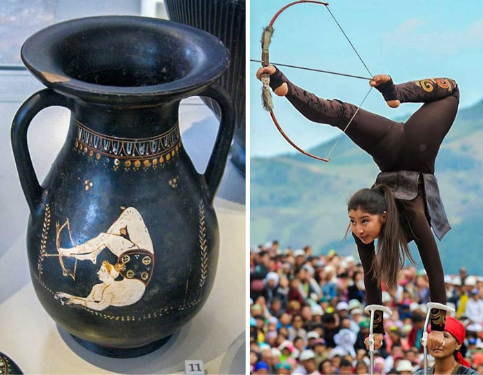 First Image Shows An Ancient Greek Pelike Depicting A Woman Acrobat Shooting An Arrow With Her Feet. The Artifact Dates Back To The 4th Century Bc. Second Image Shows An Acrobatic Archer At The 2016 World Nomad Games Held In Kyrgyzstan