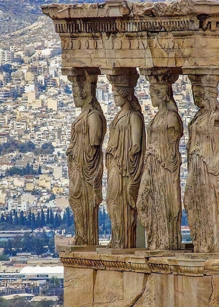 The Caryatid Porch Of The Erechtheion In Athens, Greece. The Temple As Seen Today Was Built Between 421 And 406 Bc. Its Architect May Have Been Mnesicles, And It Derived Its Name From A Shrine Dedicated To The Legendary Greek Hero Erichthonius