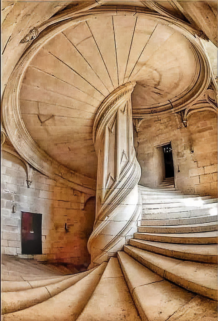 La escalera del castillo de Chambord en Francia. Diseñada por la gran leyenda del Renacimiento Leonardo Da Vinci en 1516