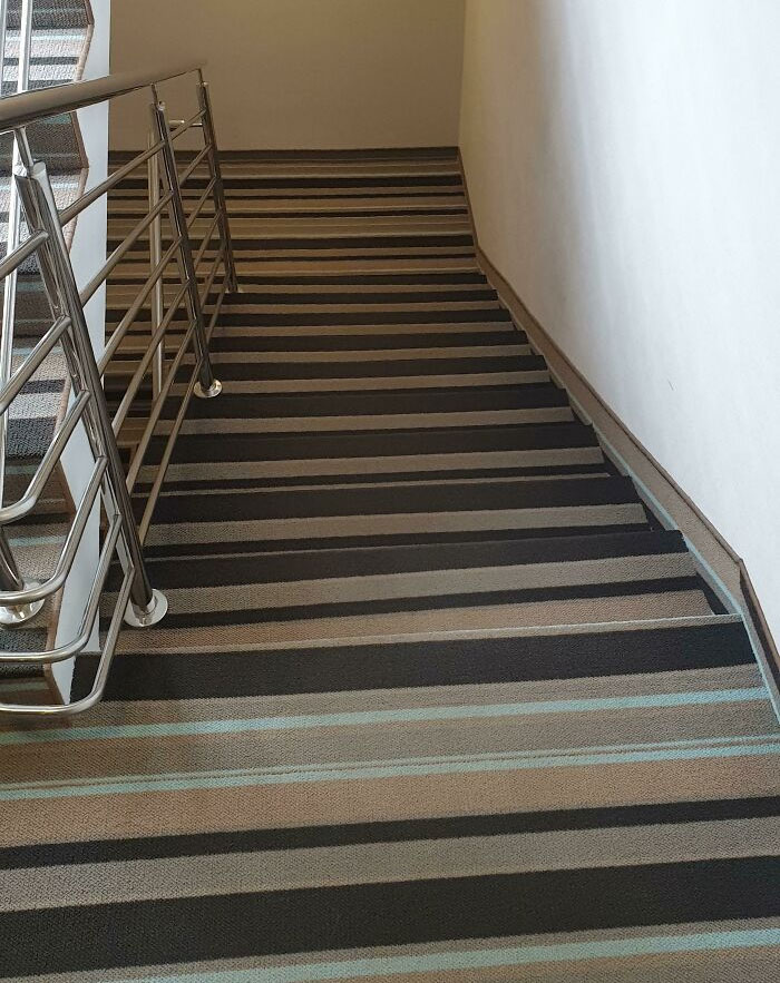 Striped Carpet On Hotel Stairs. Hard To Use Even After Two Weeks And Completely Sober