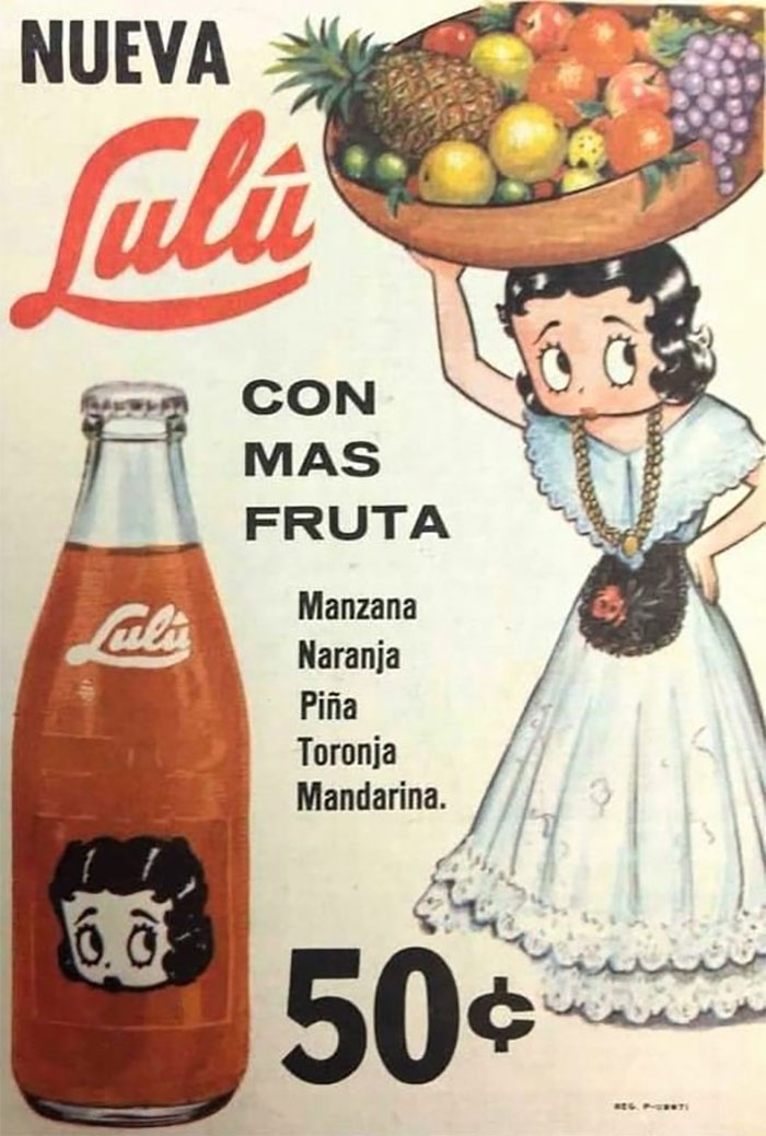 Floating Heads Friday: 1971 Print Ad For The Mexican Beverage Refrescos Lulu. This Drink Brand Still Exists, But The Betty Boop Mascot On The Bottle Has Been Changed -- Nose Slightly Different And Hairstyle Completely Altered