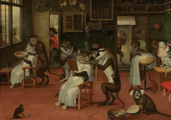 “Barbershop With Monkeys And Cats,” By Abraham Teniers. (1629-1670) (Thanks To Andrew Christopher Werling For Providing Corrections)