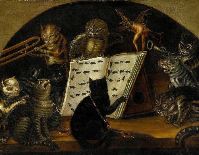 Cats Being Instructed In The Art Of Mouse Catching By An Owl - Lombard School, C. 1700, Paintings: Oil On Canvas, Within A Painted Lunette