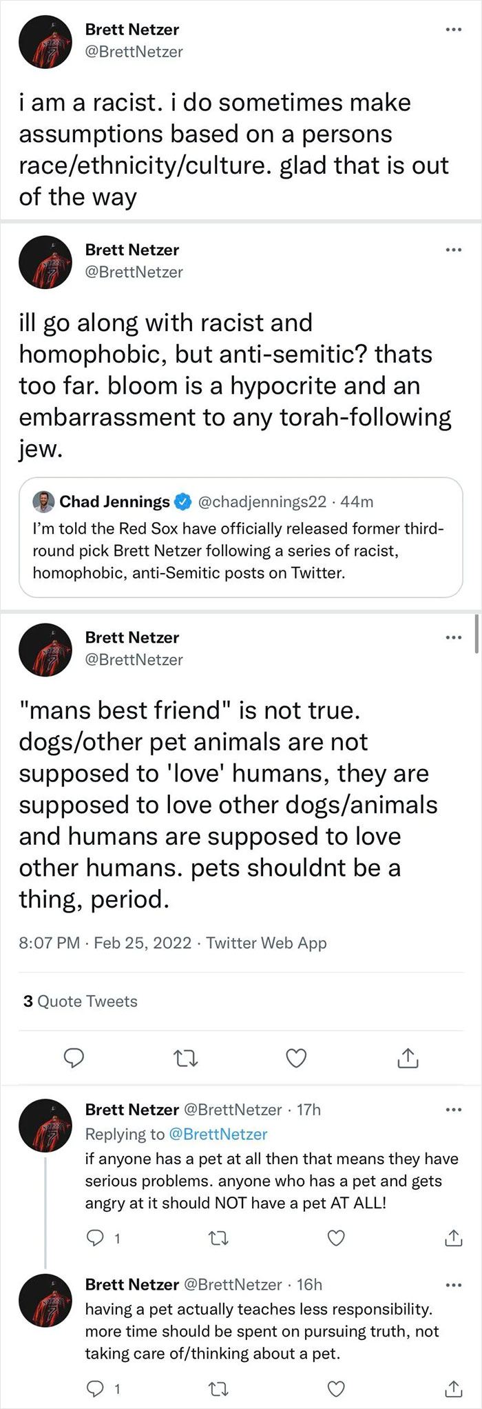 Former 3rd Round Draft Pick Brett Netzer Cut By Boston Red Sox After Proudly Tweeting He Is Racist/Homophobic/Anti-Semitic/Hates Animals