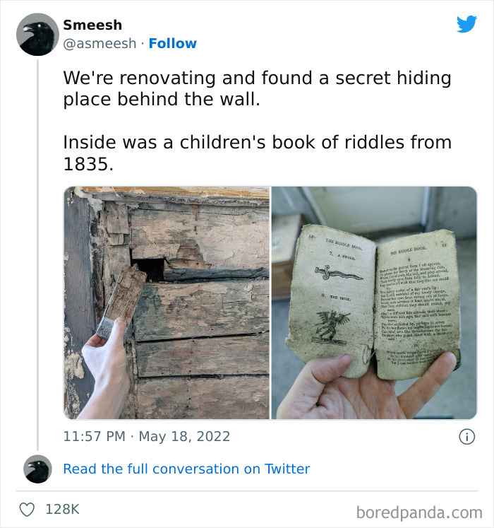 Twitter User Finds A Secret Hiding Place In His Walls While Renovating, Inside Was A Children's Book Of Poems From 1835