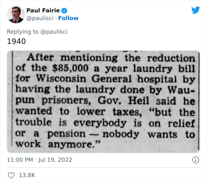 Tweet with 1940 newspaper snippet on "nobody wants to work" sentiment, highlighting labor issues in Wisconsin hospitals. Tweet with 1940 newspaper snippet on "nobody wants to work" sentiment, highlighting labor issues in Wisconsin hospitals.