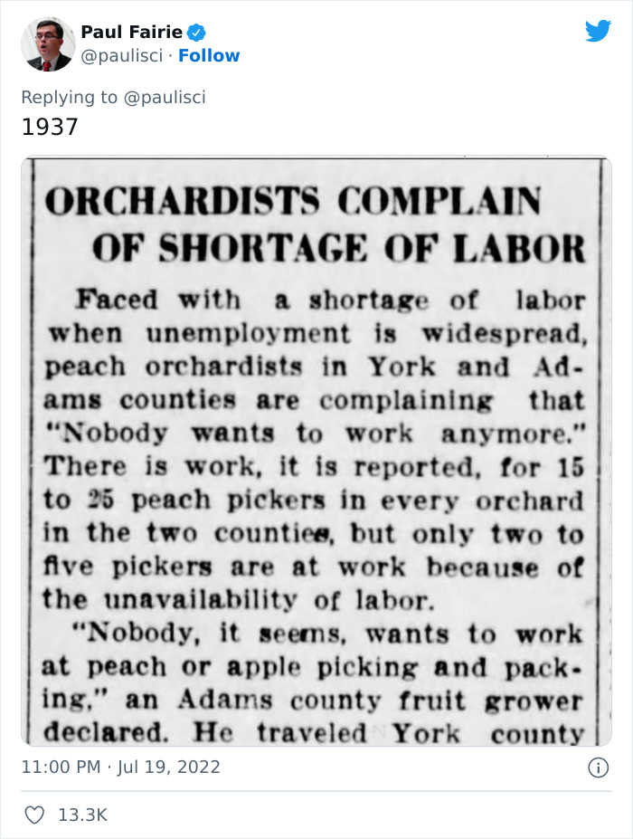 Tweet with newspaper snippet from 1937 about labor shortage; highlights how “nobody wants to work” theme spans decades. Tweet with newspaper snippet from 1937 about labor shortage; highlights how “nobody wants to work” theme spans decades.