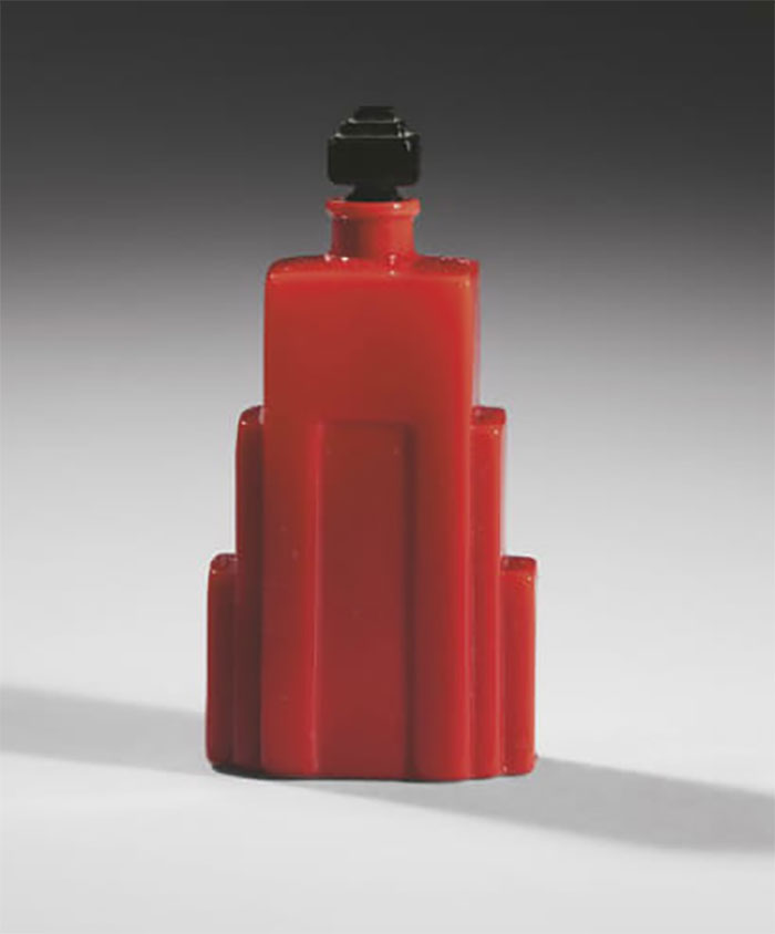 ‘Duska' Red And Black Glass Perfume Flacon, Modelled As A Skyscraper, By Langlois And Probably Executed By The Cristallerie De Nancy, 1928