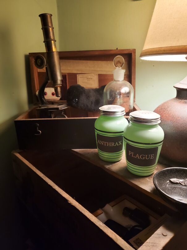 My Antique Microscope With My 'Stuffed' Anthrax And Plague Giant Micobes And Their Appropriate Storage Jars.