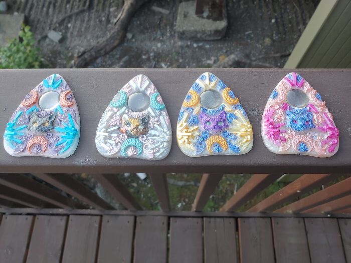 These Aren't What Are Curing In My Molds Right Now, But I've Been Working On Cat Themed Resin Pieces. I'm Hoping To Sell Some One Of These Days But Right Now I'm Having Fun With Colors. These Also Serve As Reading Magnifiers. I Also Make Boxes And Sun Catchers. P.s. The Black Cat And The Calico Are Based On My Own Kitties.