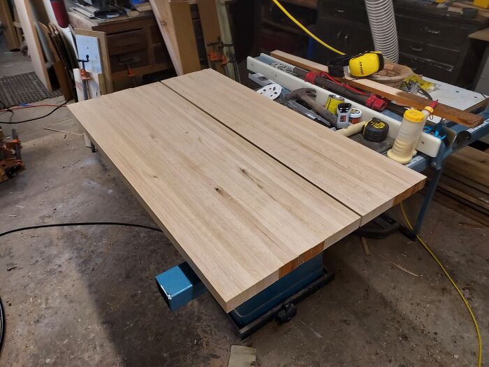 Building A Oak Table Top Out Of Salvaged Desk Tops From A University.