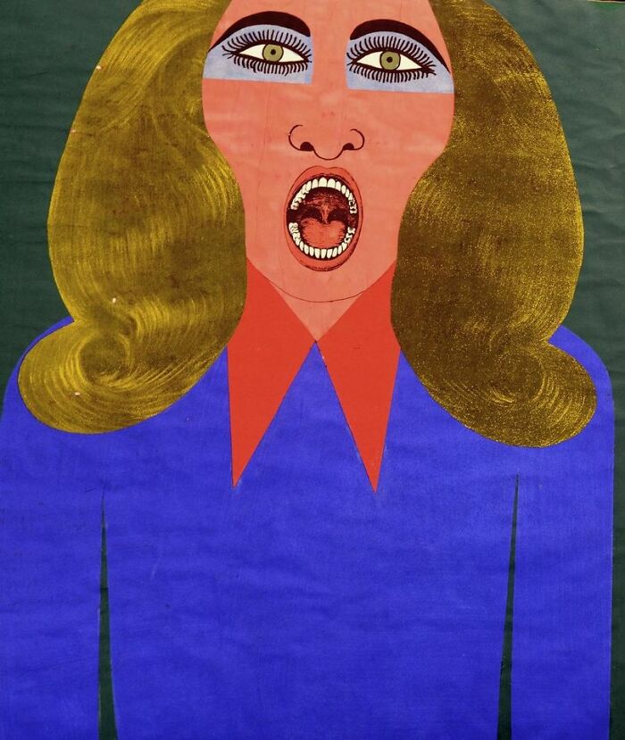 Larry Lewis (American Outsider Artist 1919-2004) - Untitled (Woman With Open Mouth And Blue Dress), Mixed Media On Paper (Two-Page Spread From Collage Book, Ca. 1970, At Fred Giampietro's Booth | Oaf NYC 2015