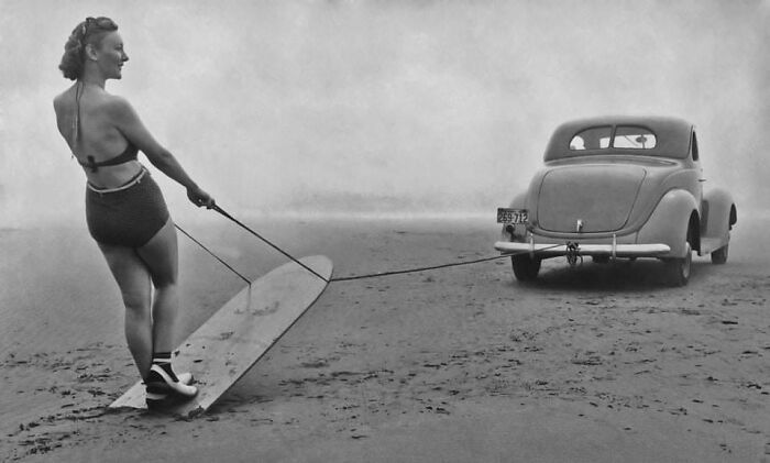 A Young Woman Sand Surfing Near Seaside, Oregon [1941]