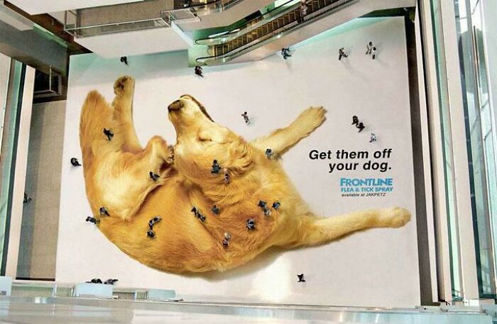 An Advertisement Using Pedestrians As Ticks On A Dog