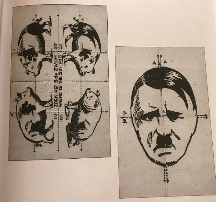 "Where's The Fifth Pig?" - World War II Anti-Hitler Poster Created In The Occupied Netherlands. When Folded Correctly, It Creates Face Of Hitler - The Fifth Pig
