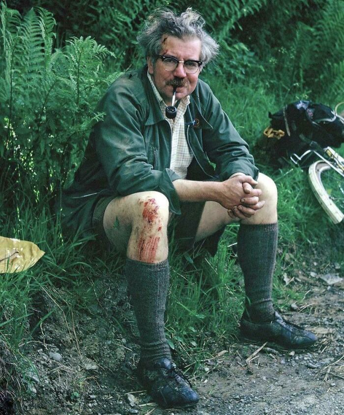 Cyclist Enjoys A Pipe After Fall, 1973