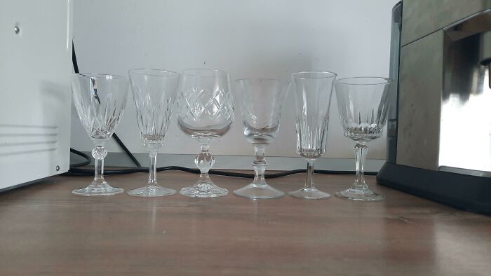 My Thrifted Wine Glass "Set". If One Breaks I Can Easily Replace It As None Is Alike