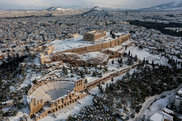 Another View Of The Parthenon In The Snow From Above. January 25, 2022
