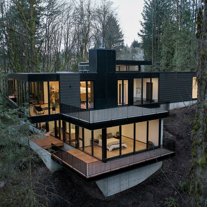 Black Themed Home Nestled In Forest. Portland USA