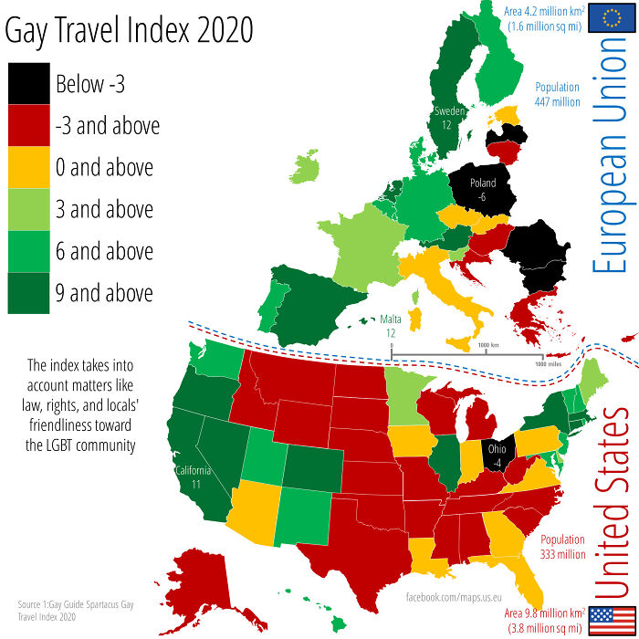 Gay Travel Index Across The EU And The US. The Index Takes Into Account Matters Like Law, Rights, And Locals' Friendliness Toward The LGBTQ+ Community