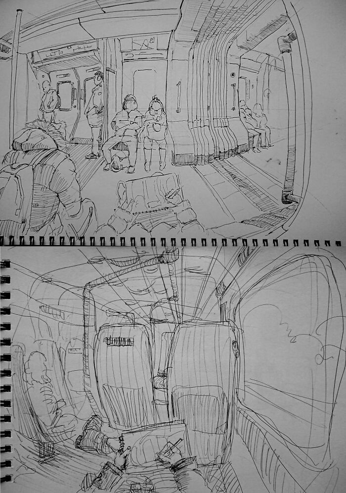 Dos de mis dibujos mientras viajo. El de arriba lo hice en el metro de camino a Londres y el de abajo es de camino a casa luego de varias pintas