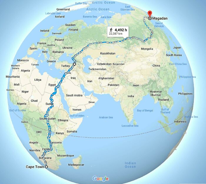 The Longest Continuous Walk On Earth Would Be Between Cape Town, South Africa To Magadan, Russia, A Distance Of 22,387km (13,910 Miles) 