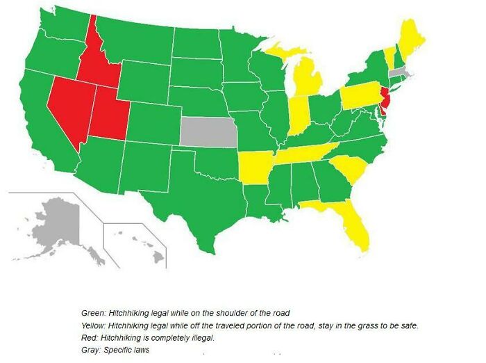 A Map Showing Which States Are Legal To Hitchhike, And Which Ones Are Not