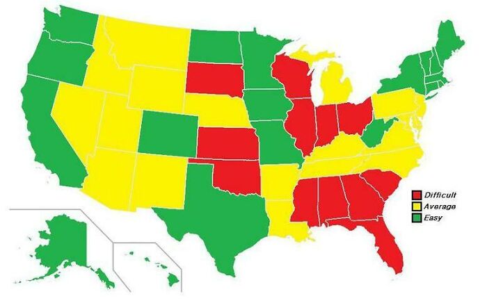 Map Indicating Which States Are The Easiest For Hitchhiking, And Which States Are The Most Difficult