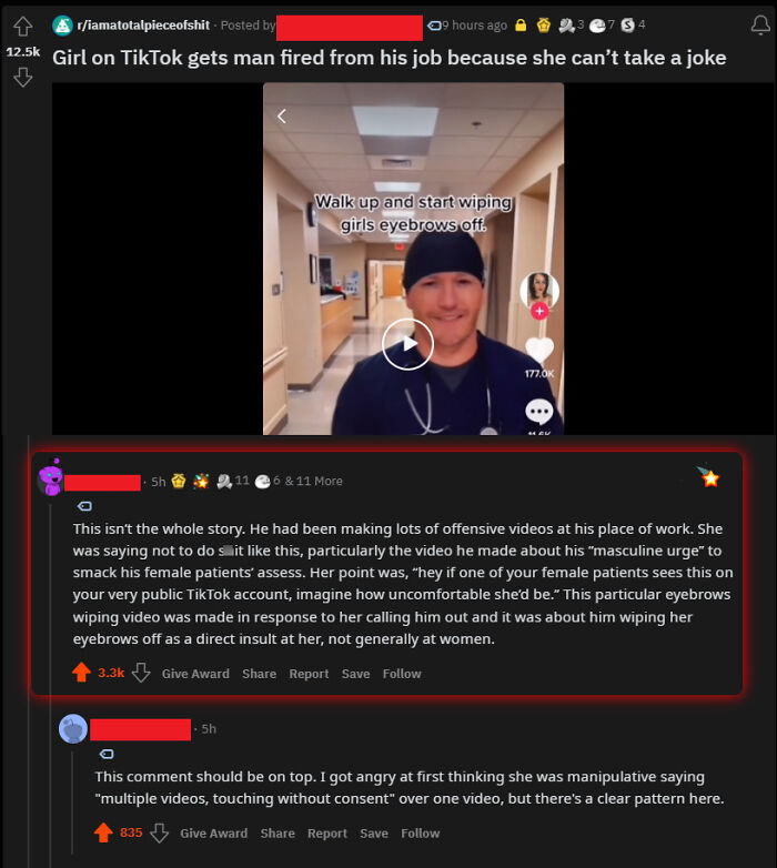 Guy Makes Multiple Harassing Videos From Hospital. Girl Tells Him To Stop. Guy Makes Fun Of Girl's Eyebrows In Hospital Tiktok. Girl Notifies Hospital And When Multiple Such Cases Are Revealed, He Gets Fired. Bellend Makes Post With 12k Upvotes Blaming Girl With Fake Title