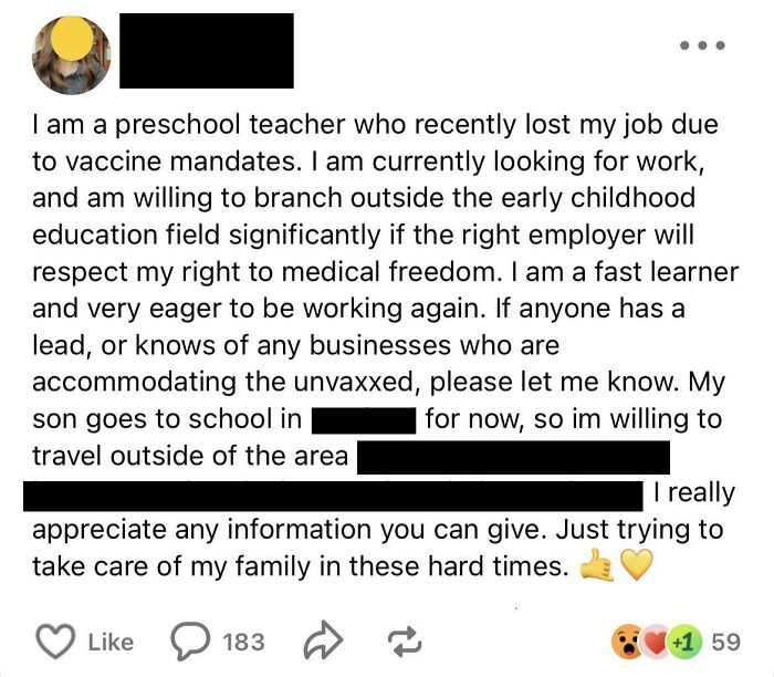 Preschool Teacher Looking For Employer Who Respects “Medical Freedom” After Losing Teaching Job